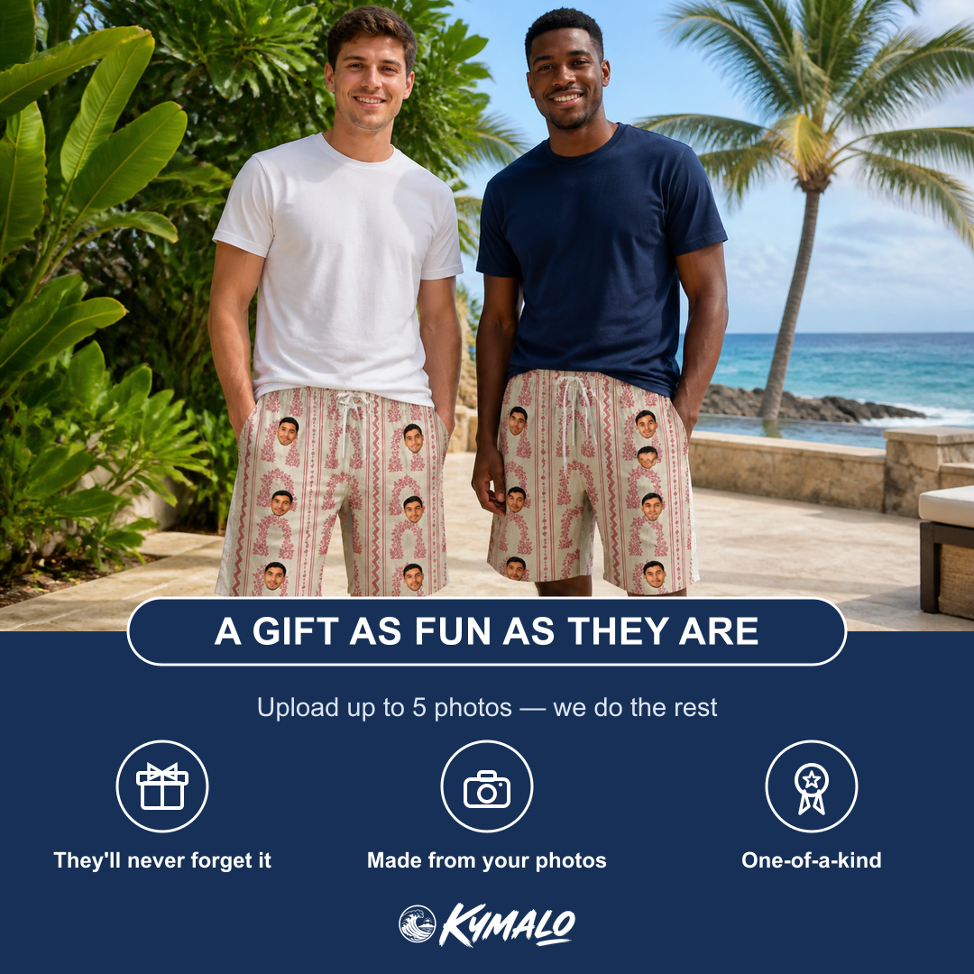 Friends in matching Men's Beach Bouquet Custom Face Beach Shorts — a group gift photo