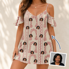 Woman wearing Women's Beach Bouquet Custom Face Off-Shoulder Dress — custom faces printed all-over