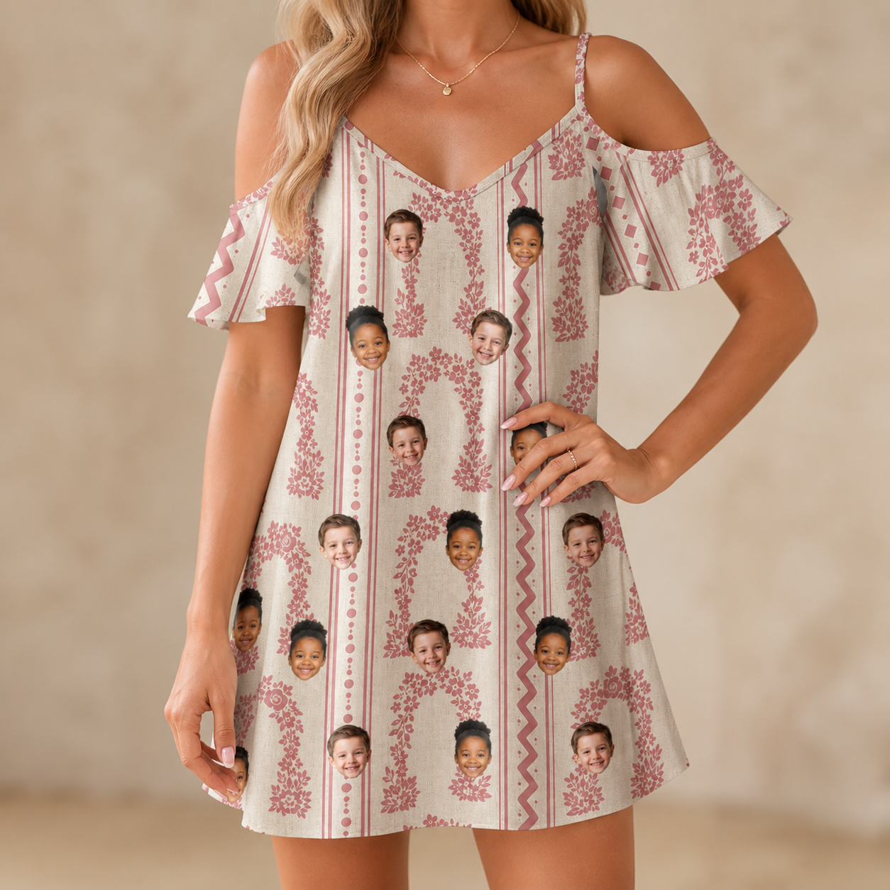 Model wearing Women's Beach Bouquet Custom Face Off-Shoulder Dress printed with kids' faces