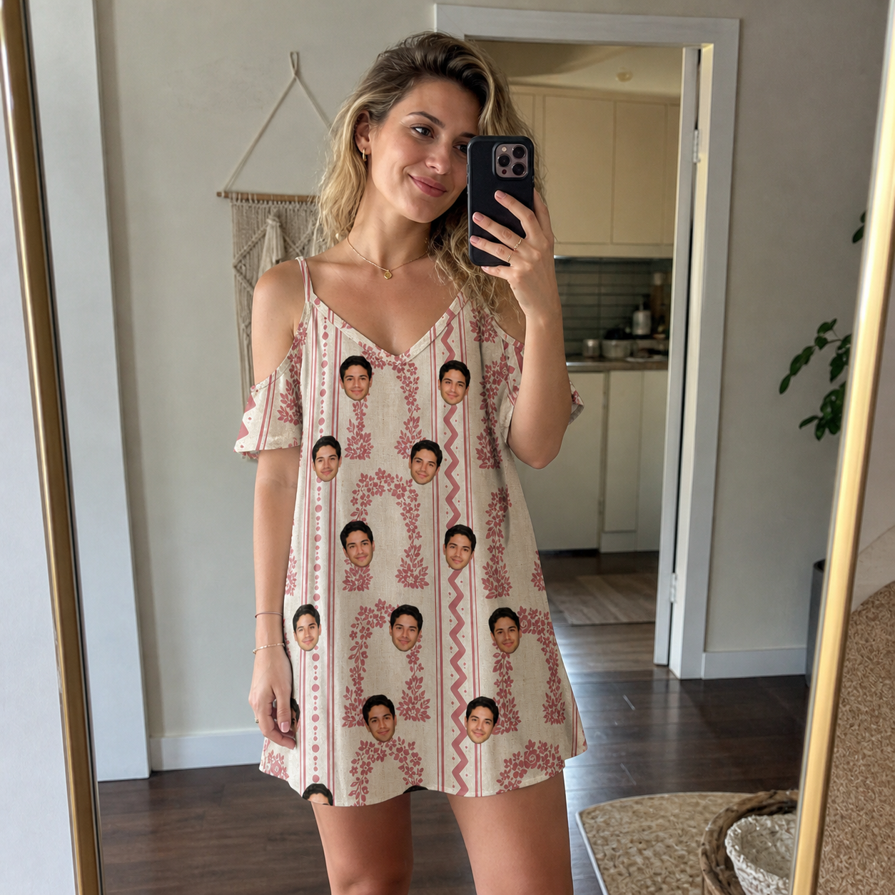 Real-life photo of someone wearing Women's Beach Bouquet Custom Face Off-Shoulder Dress — custom faces printed all-over
