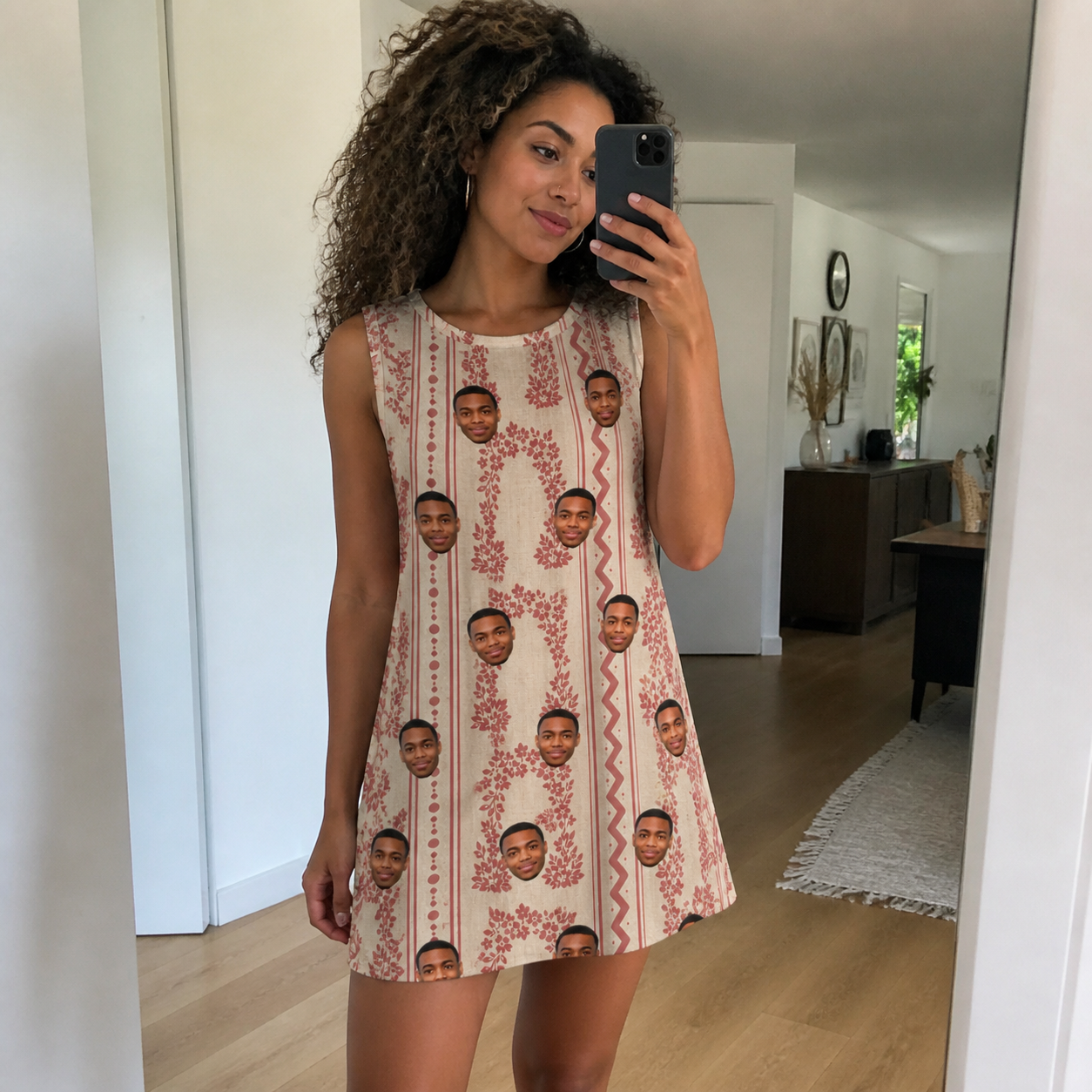 Real-life photo of someone wearing Women's Beach Bouquet Custom Face Tank Dress — custom faces printed all-over