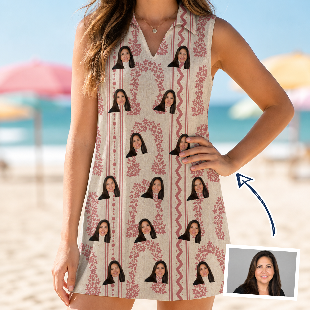 Woman wearing Women's Beach Bouquet Custom Face V-Neck Dress — custom faces printed all-over