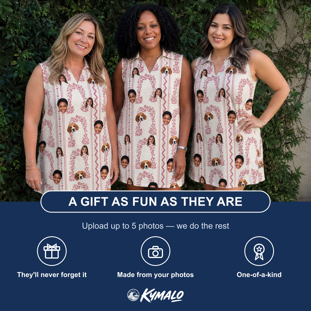 Friends in matching Women's Beach Bouquet Custom Face V-Neck Dress — a group gift photo