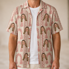 Man wearing Men's Beach Bouquet Custom Face Hawaiian Shirt open over a white tee