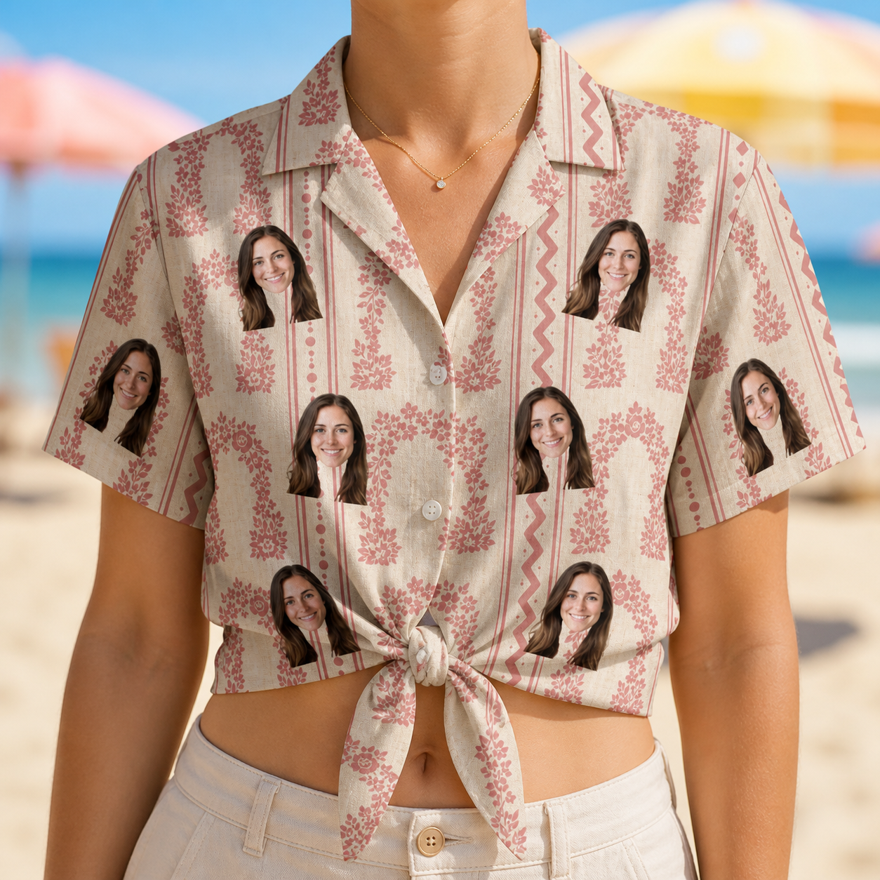 Woman wearing Women's Beach Bouquet Custom Face Hawaiian Shirt tied at the waist