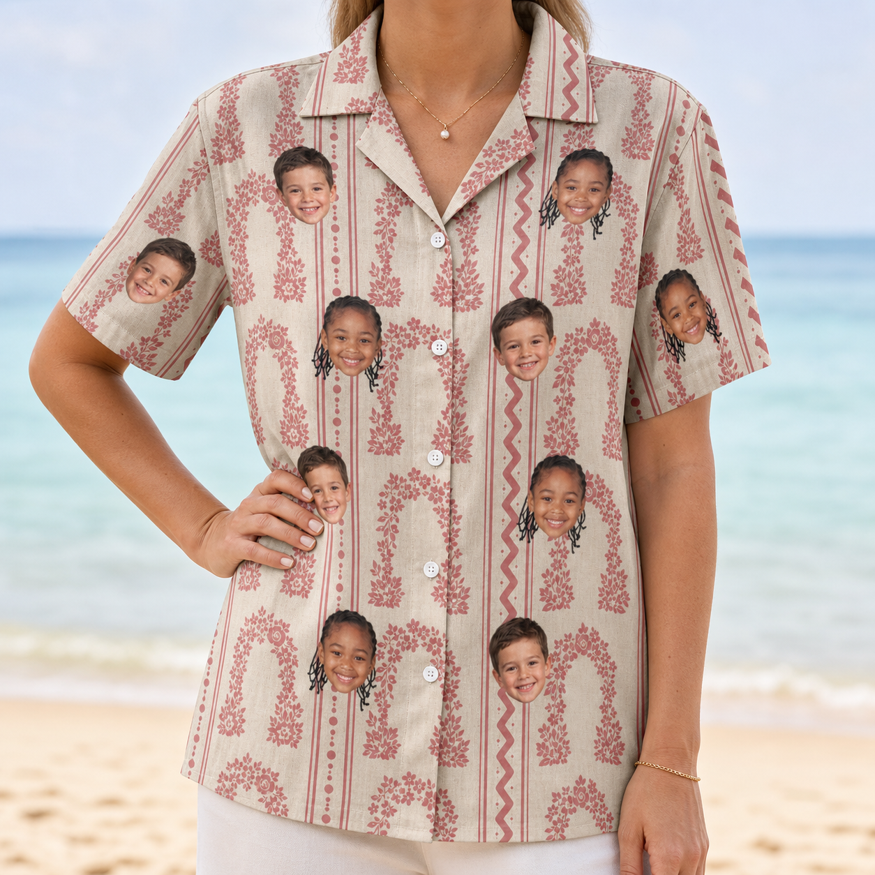Model wearing Women's Beach Bouquet Custom Face Hawaiian Shirt printed with kids' faces