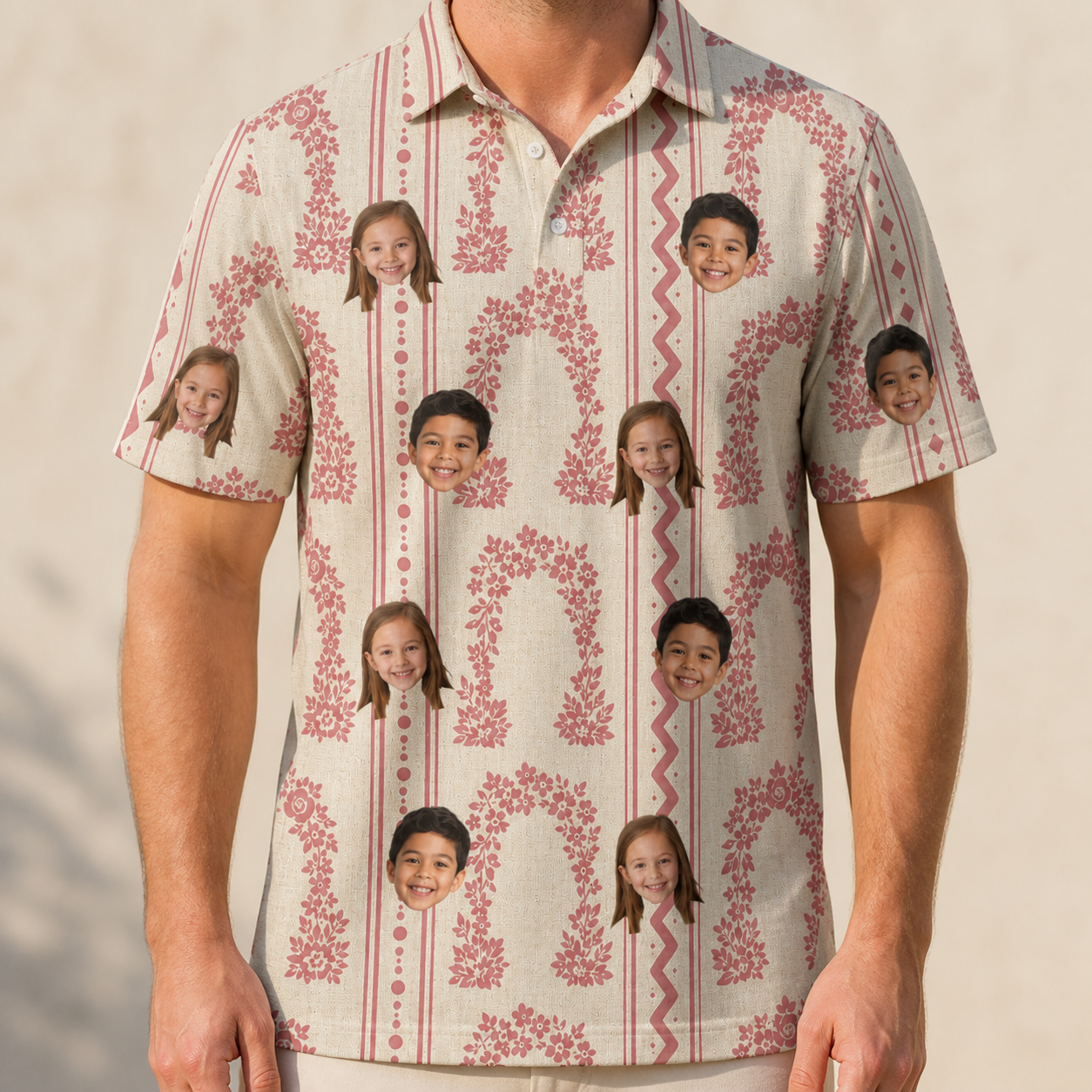 Model wearing Men's Beach Bouquet Custom Face Polo Shirt printed with kids' faces