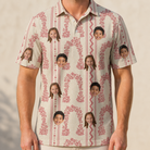 Model wearing Men's Beach Bouquet Custom Face Polo Shirt printed with kids' faces