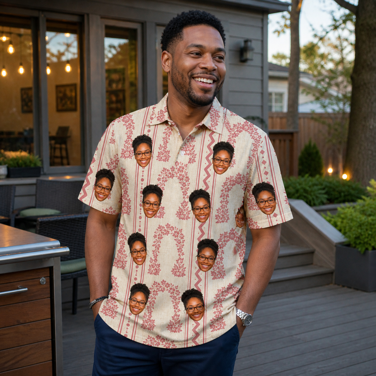 Real-life photo of someone wearing Men's Beach Bouquet Custom Face Polo Shirt — custom faces printed all-over