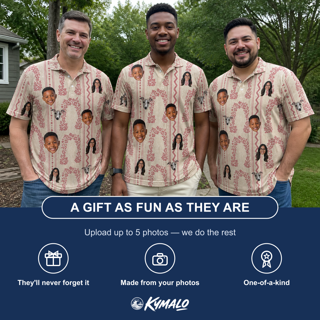 Friends in matching Men's Beach Bouquet Custom Face Polo Shirt — a group gift photo