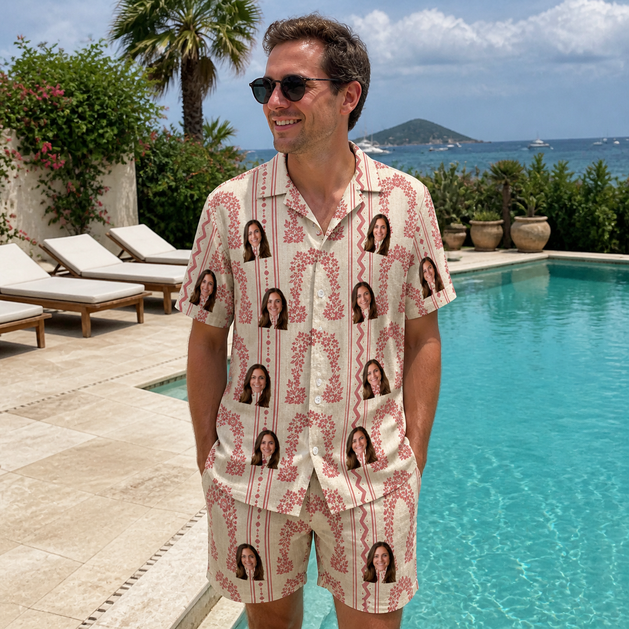 Real-life photo of someone wearing Men's Beach Bouquet Custom Face Shirt & Shorts Set — custom faces printed all-over
