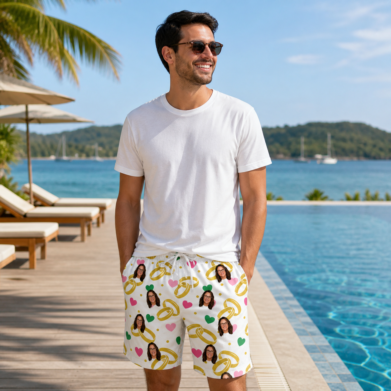 Real-life photo of someone wearing Men's Saltkissed Circles Custom Face Beach Shorts — custom faces printed all-over