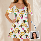 Woman wearing Women's Saltkissed Circles Custom Face Off-Shoulder Dress — custom faces printed all-over