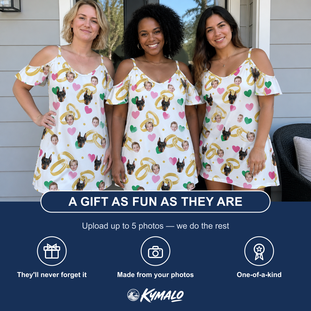 Friends in matching Women's Saltkissed Circles Custom Face Off-Shoulder Dress — a group gift photo