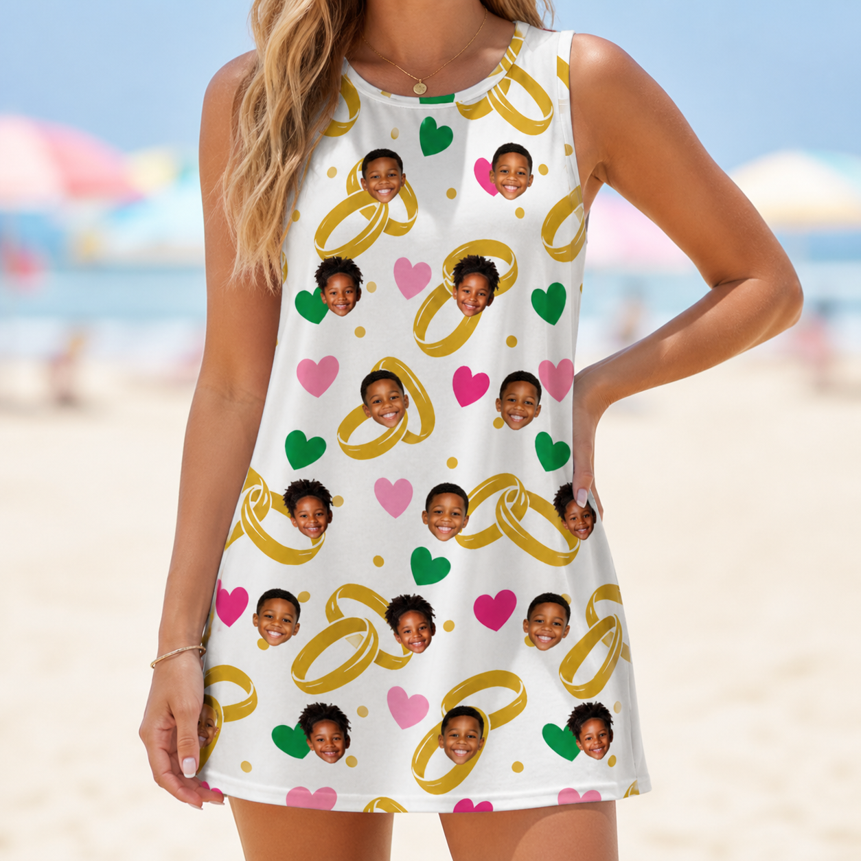 Model wearing Women's Saltkissed Circles Custom Face Tank Dress printed with kids' faces