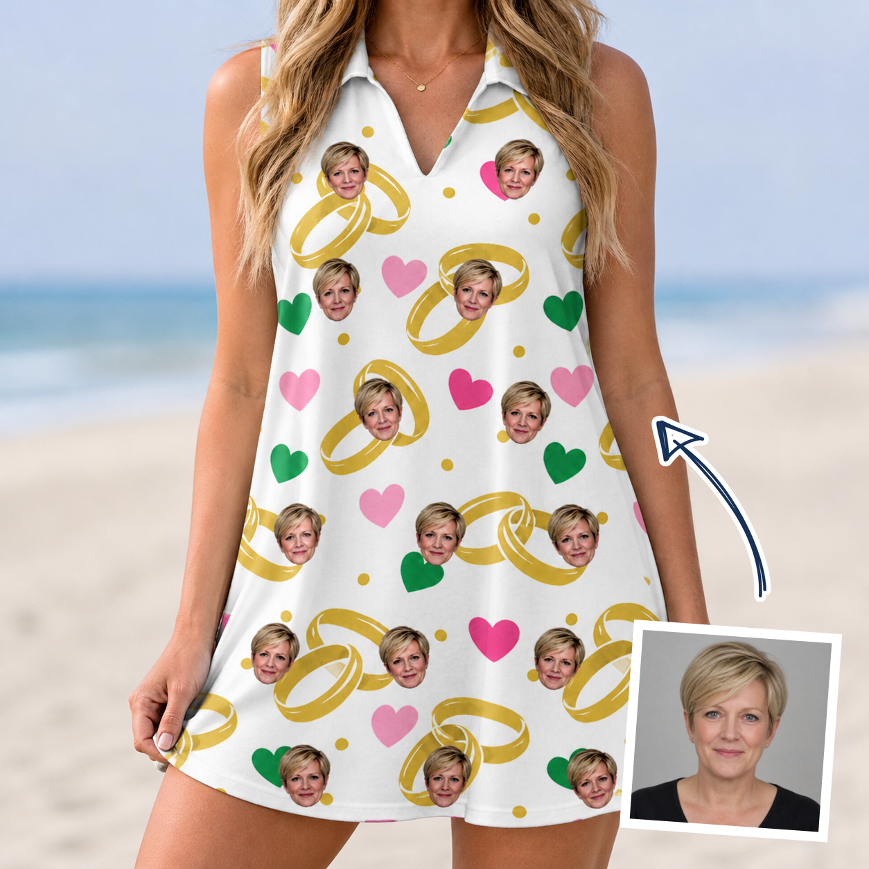 Woman wearing Women's Saltkissed Circles Custom Face V-Neck Dress — custom faces printed all-over