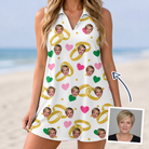 Woman wearing Women's Saltkissed Circles Custom Face V-Neck Dress — custom faces printed all-over