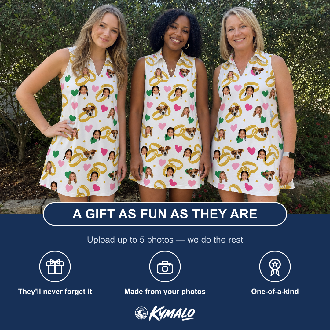 Friends in matching Women's Saltkissed Circles Custom Face V-Neck Dress — a group gift photo