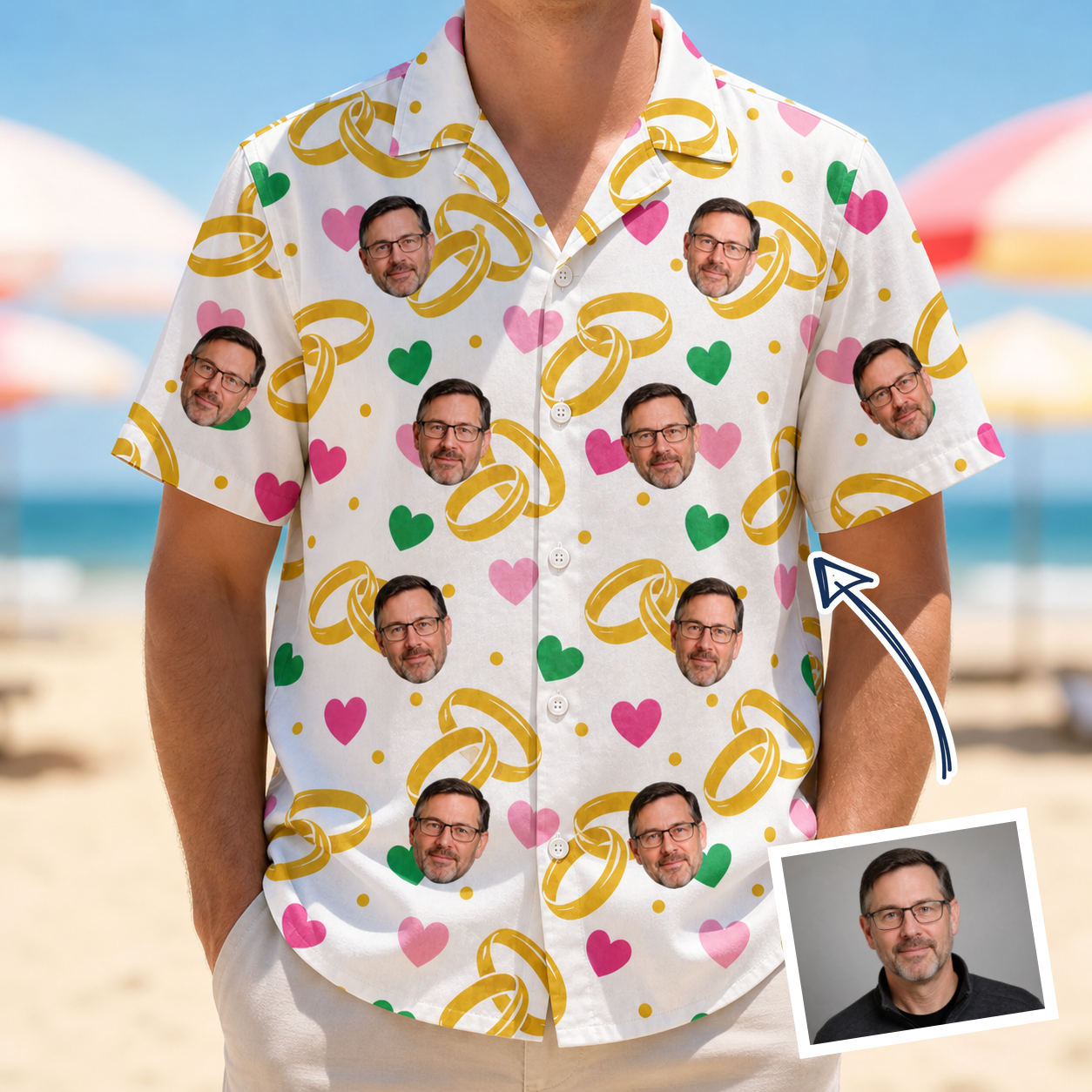 Man wearing Men's Saltkissed Circles Custom Face Hawaiian Shirt — custom faces printed all-over