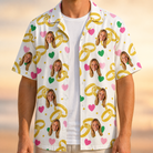 Man wearing Men's Saltkissed Circles Custom Face Hawaiian Shirt open over a white tee