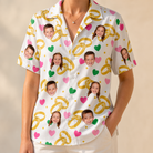 Model wearing Women's Saltkissed Circles Custom Face Hawaiian Shirt printed with kids' faces
