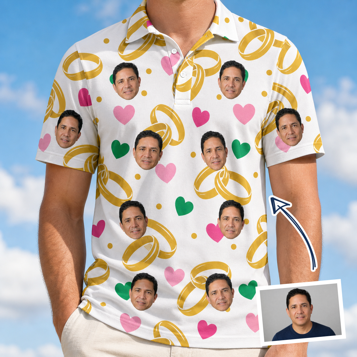 Man wearing Men's Saltkissed Circles Custom Face Polo Shirt — custom faces printed all-over