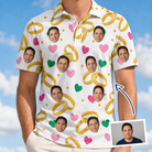 Man wearing Men's Saltkissed Circles Custom Face Polo Shirt — custom faces printed all-over