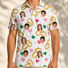 Model wearing Men's Saltkissed Circles Custom Face Polo Shirt printed with kids' faces
