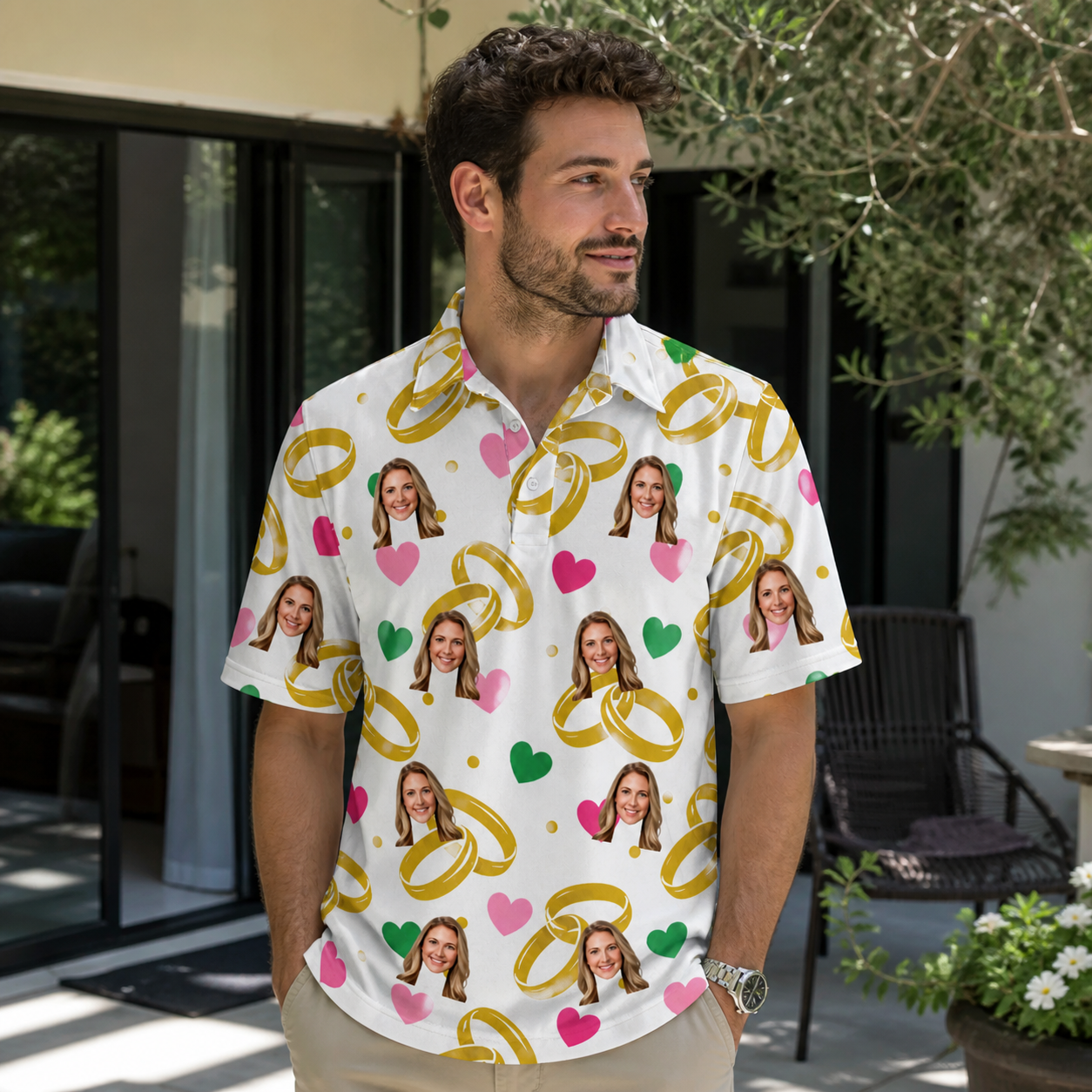 Real-life photo of someone wearing Men's Saltkissed Circles Custom Face Polo Shirt — custom faces printed all-over