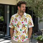 Real-life photo of someone wearing Men's Saltkissed Circles Custom Face Polo Shirt — custom faces printed all-over