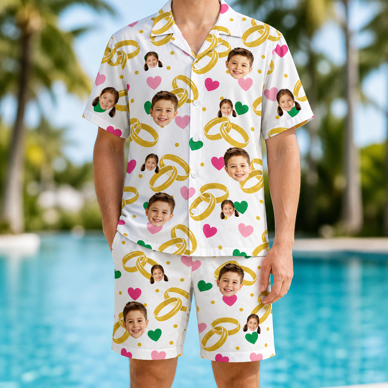 Model wearing Men's Saltkissed Circles Custom Face Shirt & Shorts Set printed with kids' faces