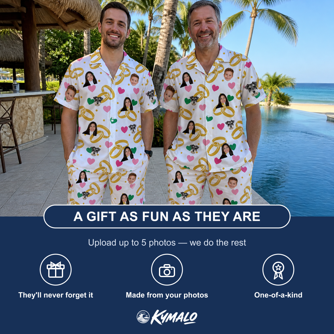 Friends in matching Men's Saltkissed Circles Custom Face Shirt & Shorts Set — a group gift photo