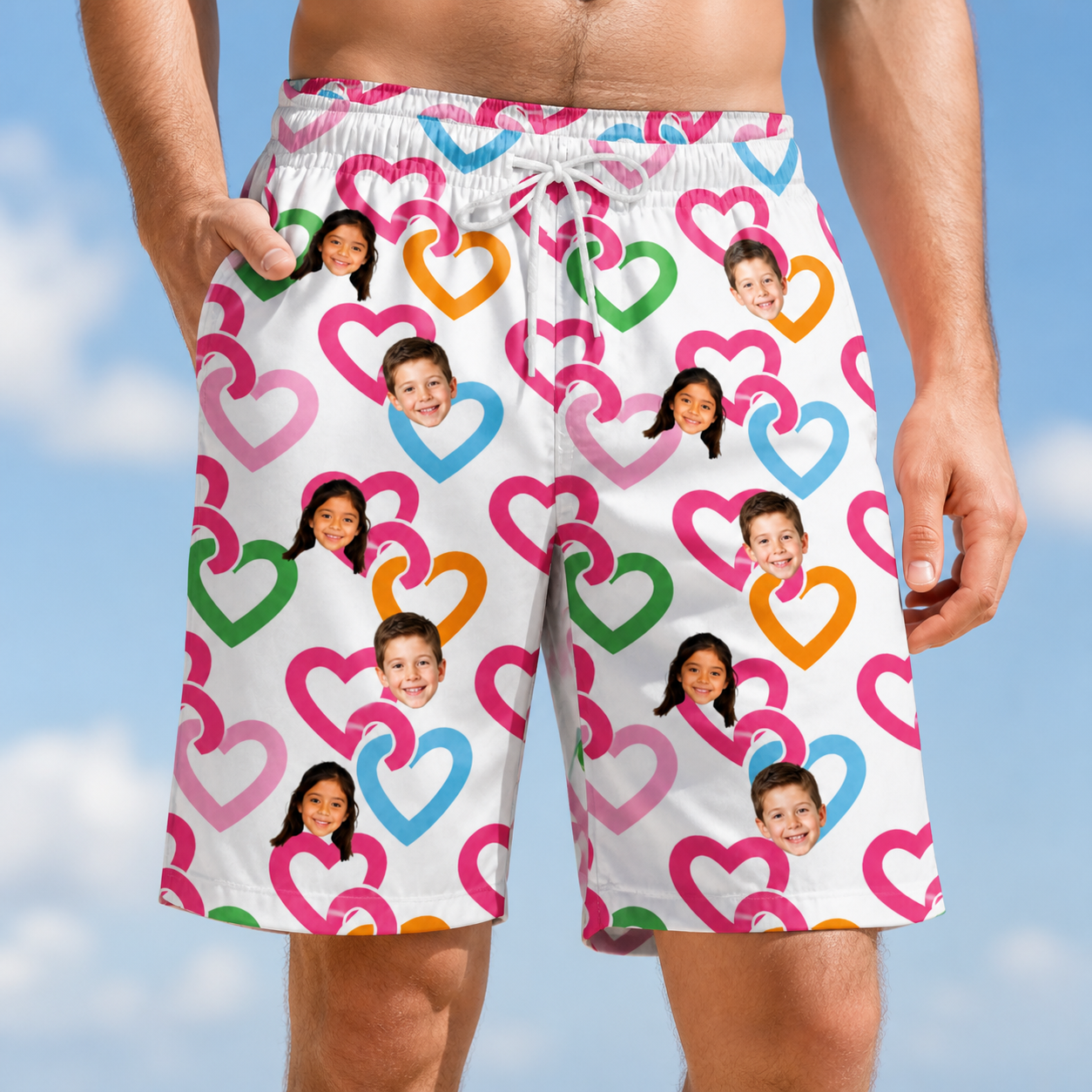 Model wearing Men's Joined Jetty Custom Face Beach Shorts printed with kids' faces