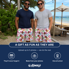 Friends in matching Men's Joined Jetty Custom Face Beach Shorts — a group gift photo