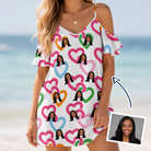 Woman wearing Women's Joined Jetty Custom Face Off-Shoulder Dress — custom faces printed all-over