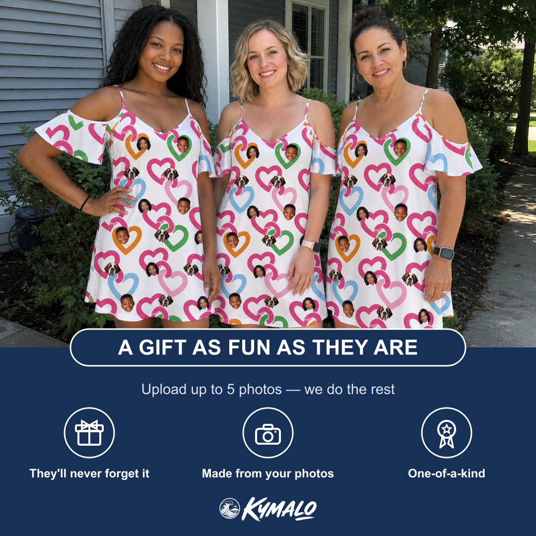 Friends in matching Women's Joined Jetty Custom Face Off-Shoulder Dress — a group gift photo
