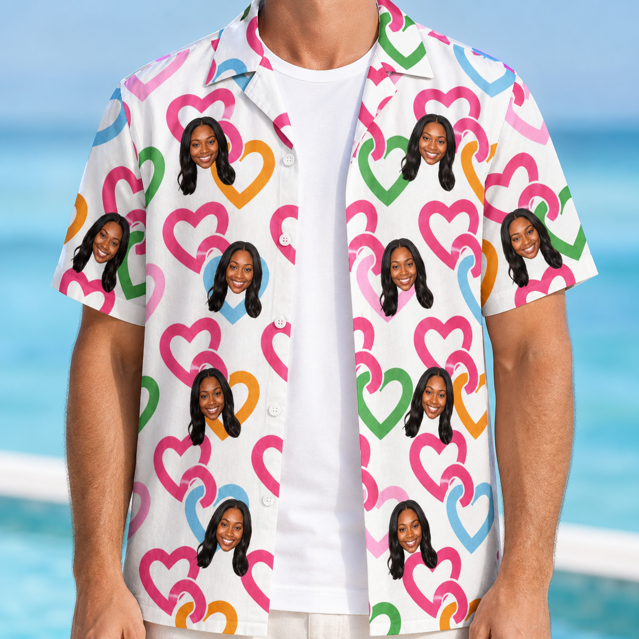 Man wearing Men's Joined Jetty Custom Face Hawaiian Shirt open over a white tee