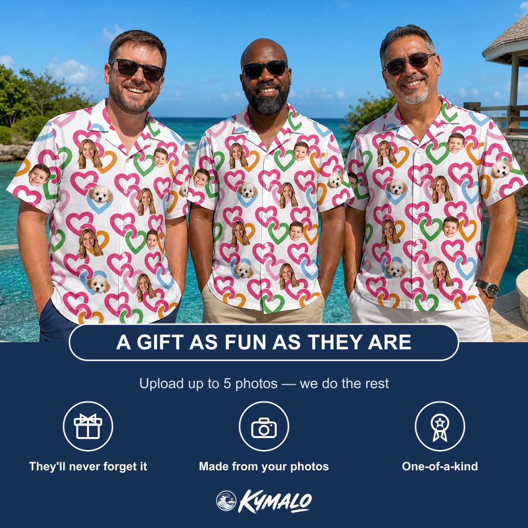 Friends in matching Men's Joined Jetty Custom Face Hawaiian Shirt — a group gift photo