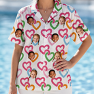 Model wearing Women's Joined Jetty Custom Face Hawaiian Shirt printed with kids' faces