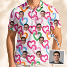 Man wearing Men's Joined Jetty Custom Face Polo Shirt — custom faces printed all-over