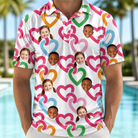 Model wearing Men's Joined Jetty Custom Face Polo Shirt printed with kids' faces