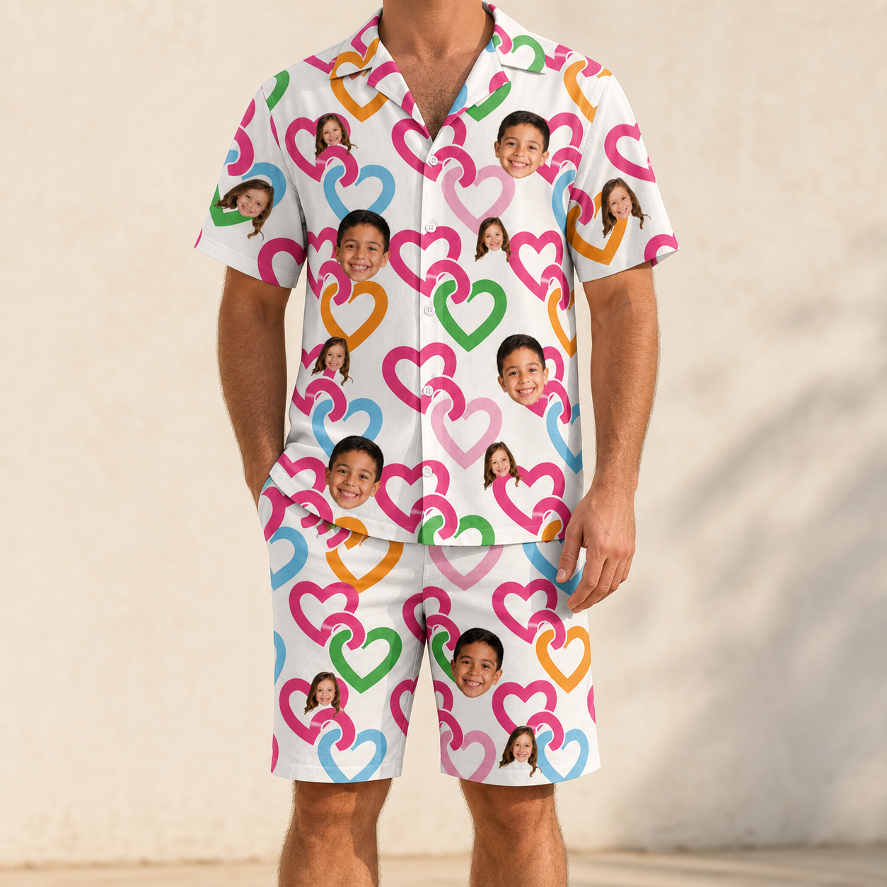 Model wearing Men's Joined Jetty Custom Face Shirt & Shorts Set printed with kids' faces