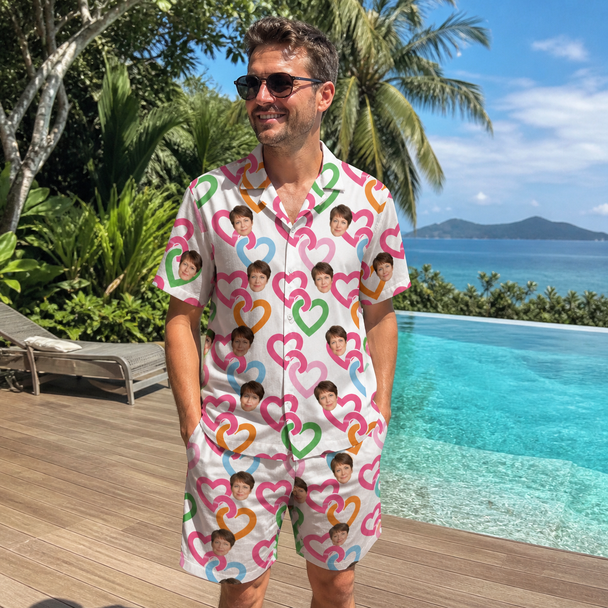 Real-life photo of someone wearing Men's Joined Jetty Custom Face Shirt & Shorts Set — custom faces printed all-over