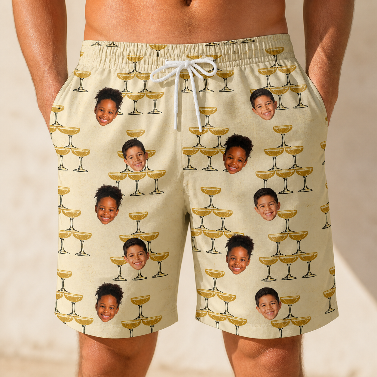 Model wearing Men's Briny Betrothal Custom Face Beach Shorts printed with kids' faces