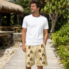 Real-life photo of someone wearing Men's Briny Betrothal Custom Face Beach Shorts — custom faces printed all-over