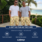 Friends in matching Men's Briny Betrothal Custom Face Beach Shorts — a group gift photo