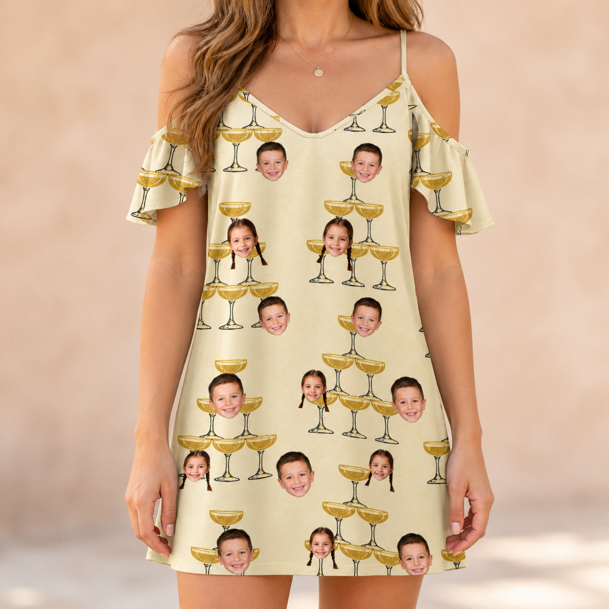 Model wearing Women's Briny Betrothal Custom Face Off-Shoulder Dress printed with kids' faces