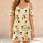 Model wearing Women's Briny Betrothal Custom Face Off-Shoulder Dress printed with kids' faces