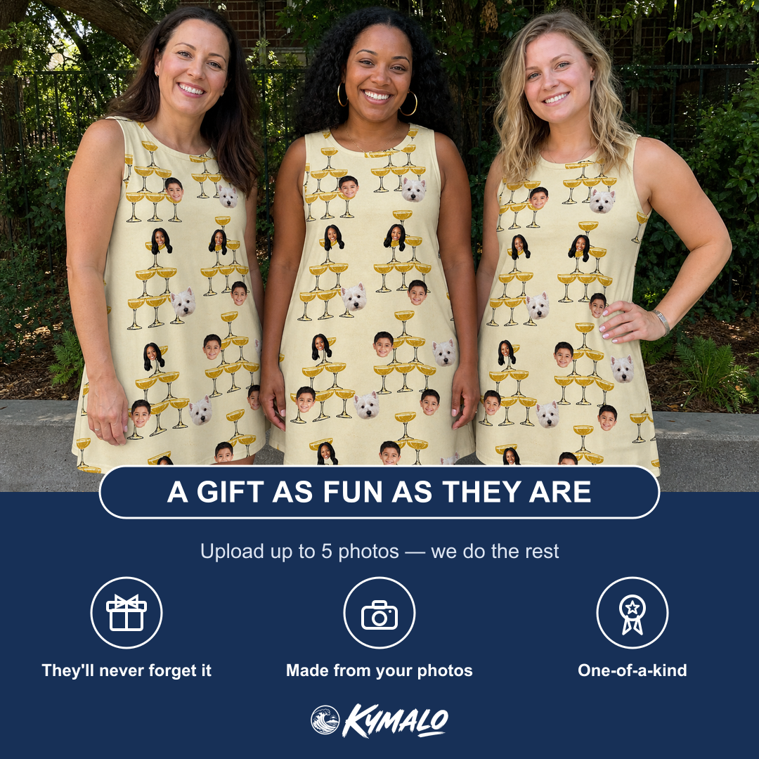 Friends in matching Women's Briny Betrothal Custom Face Tank Dress — a group gift photo