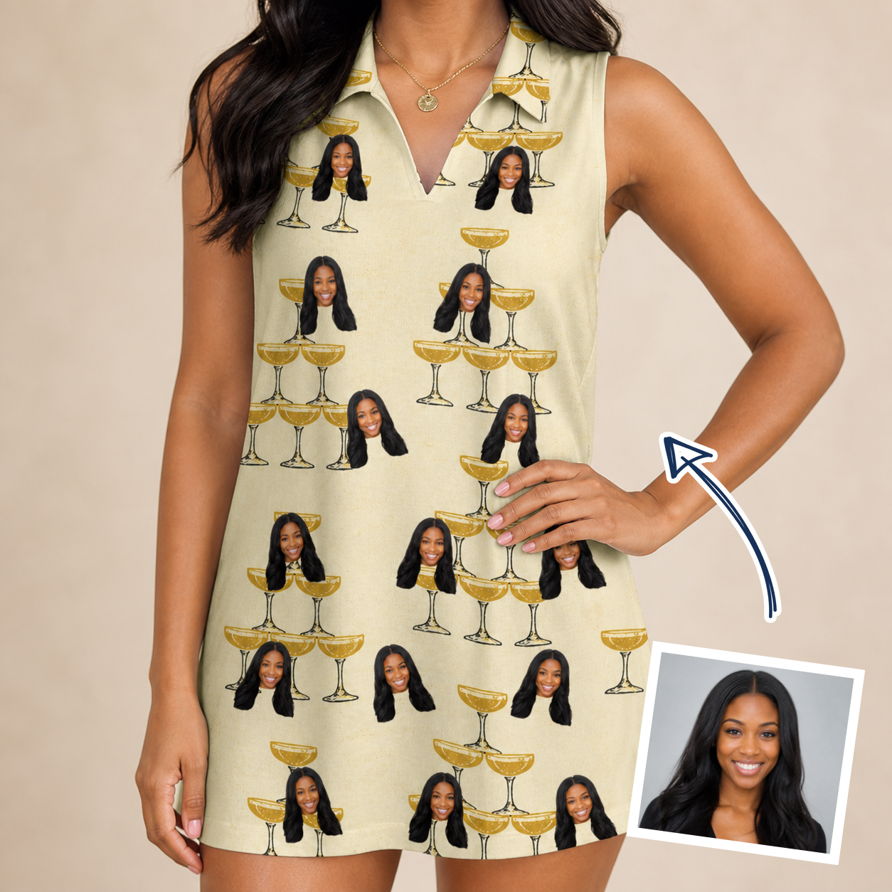 Woman wearing Women's Briny Betrothal Custom Face V-Neck Dress — custom faces printed all-over
